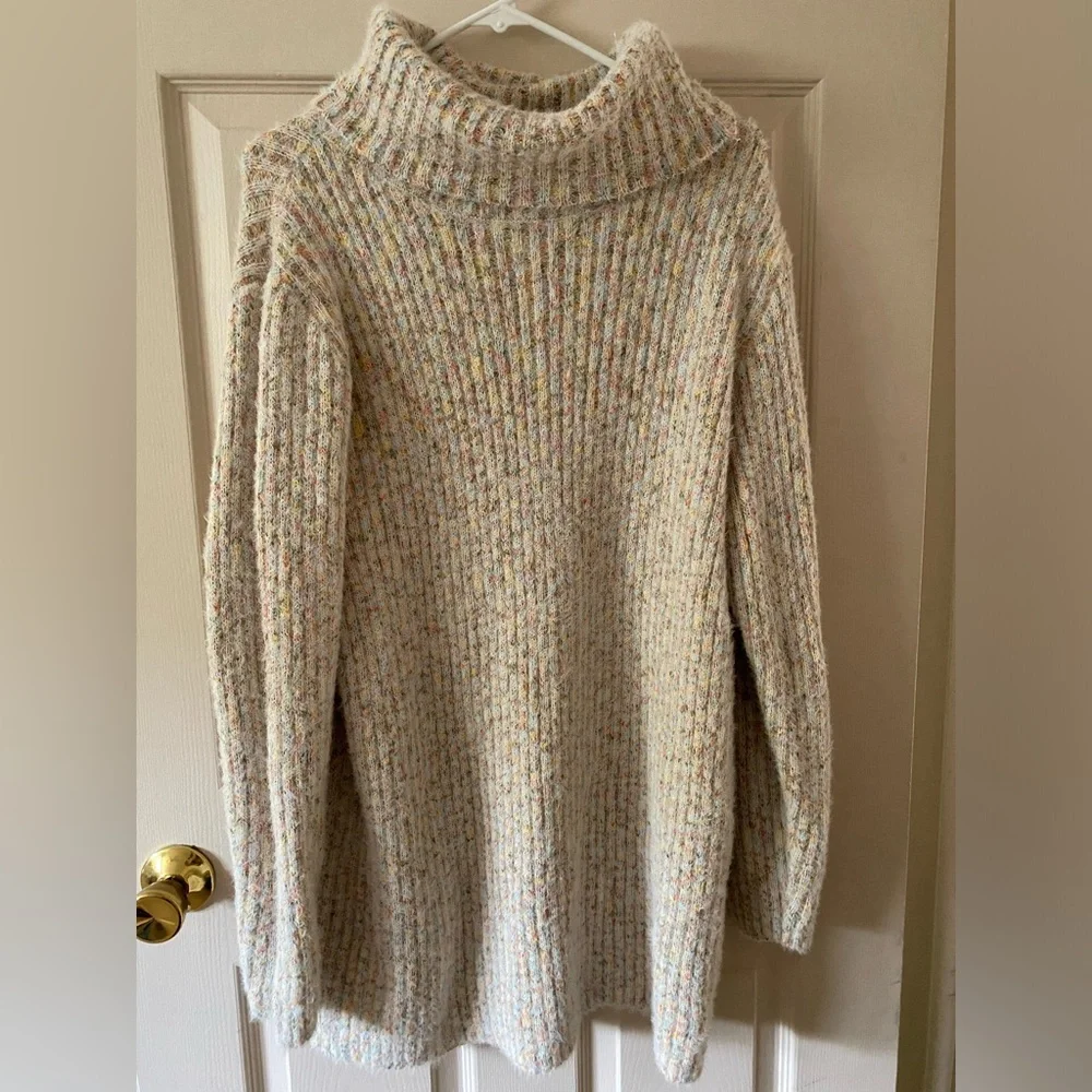 Lulu’s Sweet Whispers Ivory Multicolor Eyelash Knit Turtleneck Sweater Dress - Picture 3 of 6